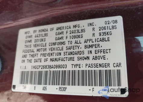 2008 Honda Accord 2.4 Ex-L from USA, damaged, VIN 1HGCP26838A099003